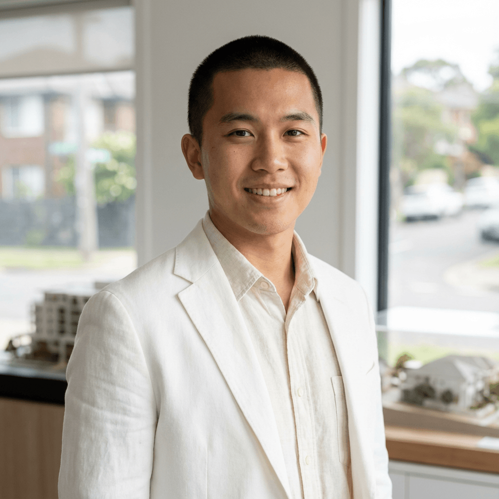 David Chen standing in a staged living room in Jersey City