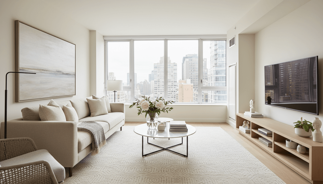 Bright, neutral-toned living room staged for sale with beige sofa, coffee table, and fresh flowers