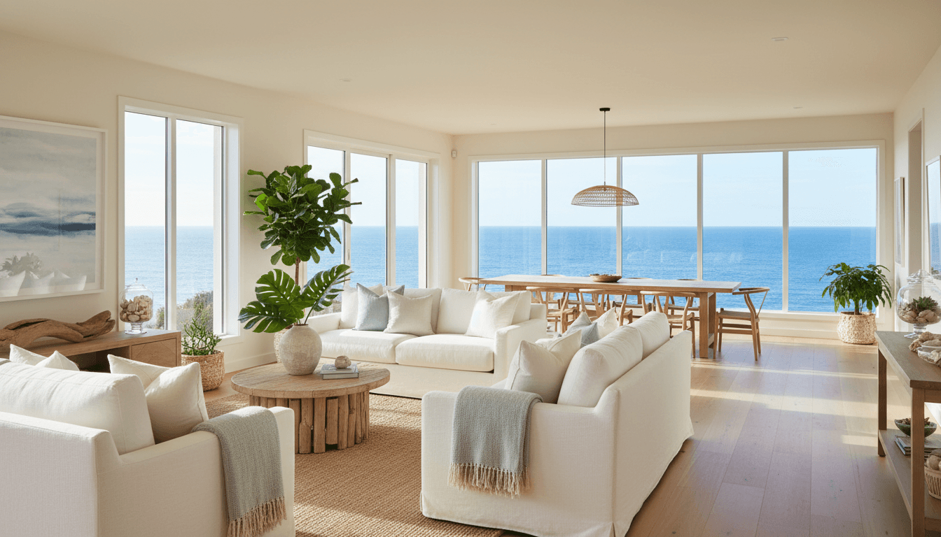 A staged vacation rental bedroom with coastal-style bedding, a side table, and natural light