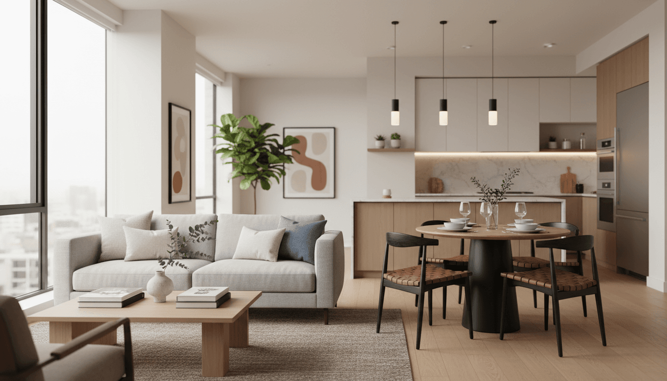 A bright, fully staged living room with a neutral sofa, coffee table, and art on the wall