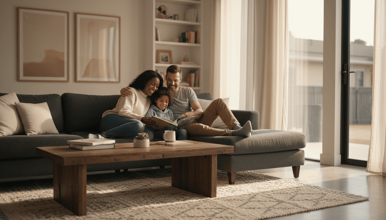 A previously empty living room now with a sofa, rug, and floor lamp arranged to show scale