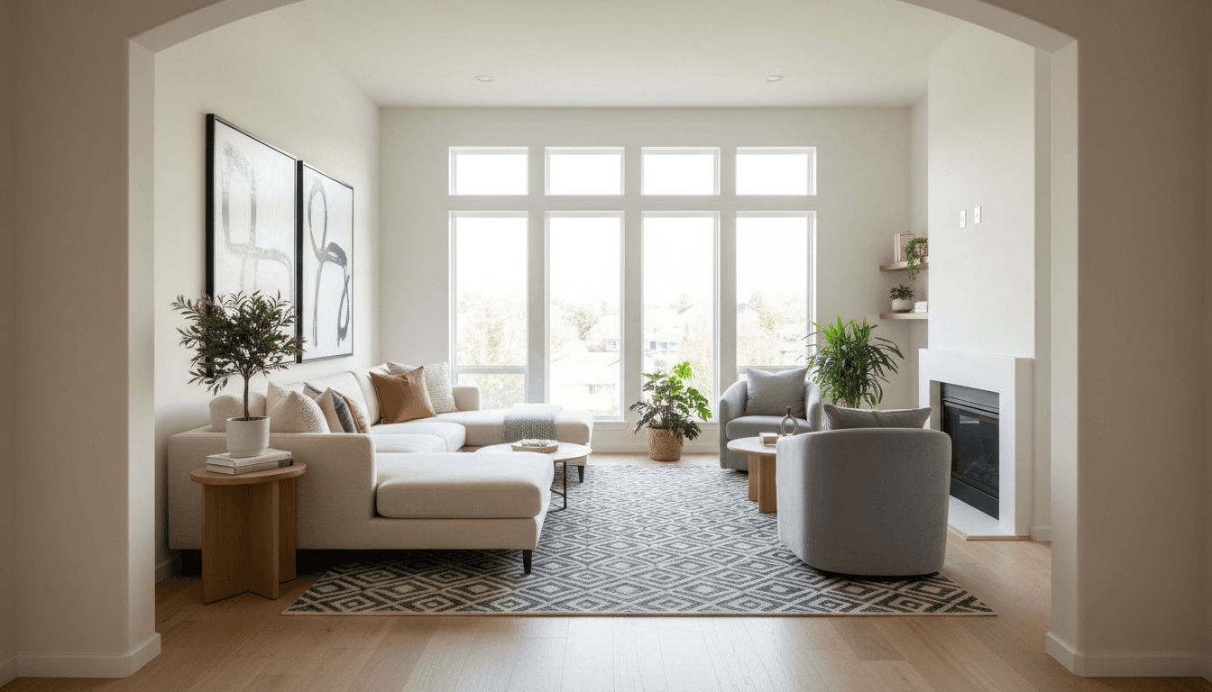 Home stager discussing furniture placement with a client in a living room
