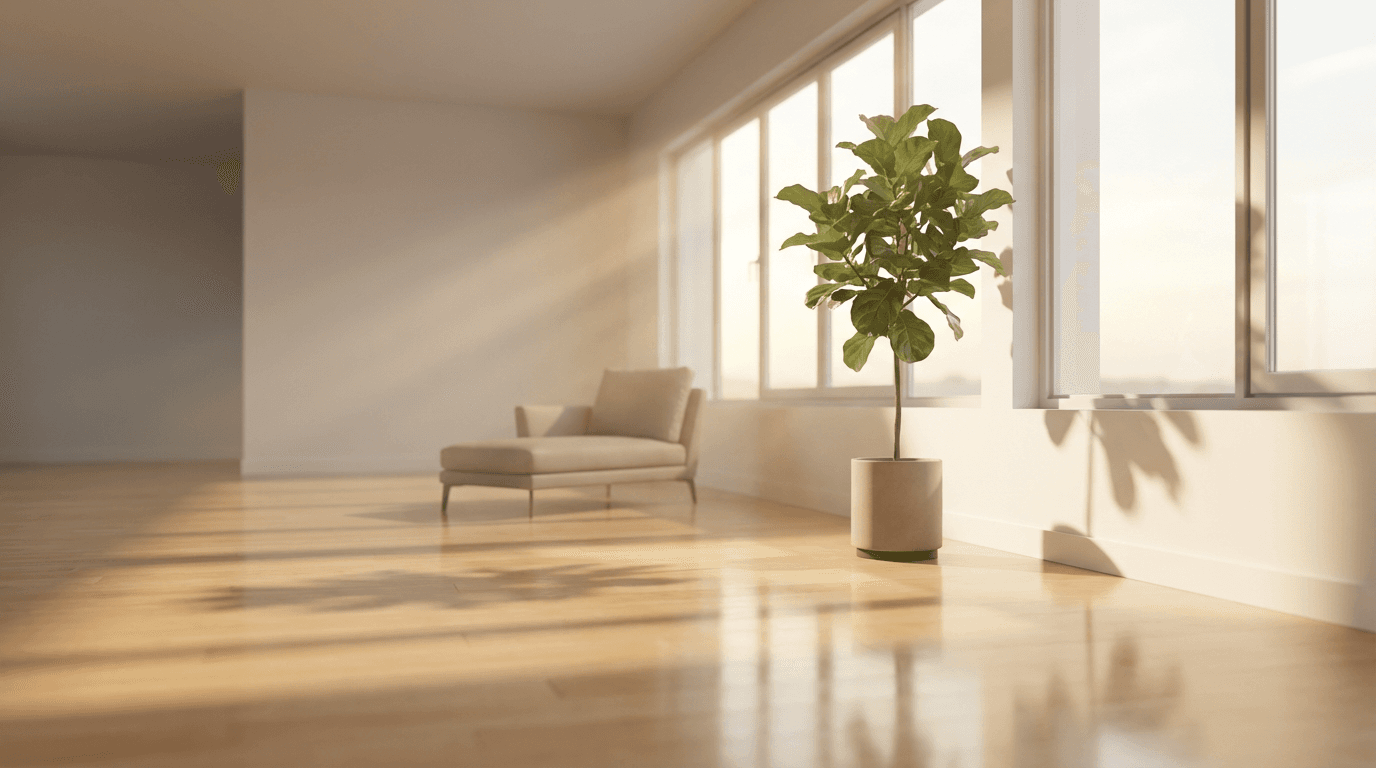 A bright, staged living room with modern furniture, fresh flowers, and natural light from large windows